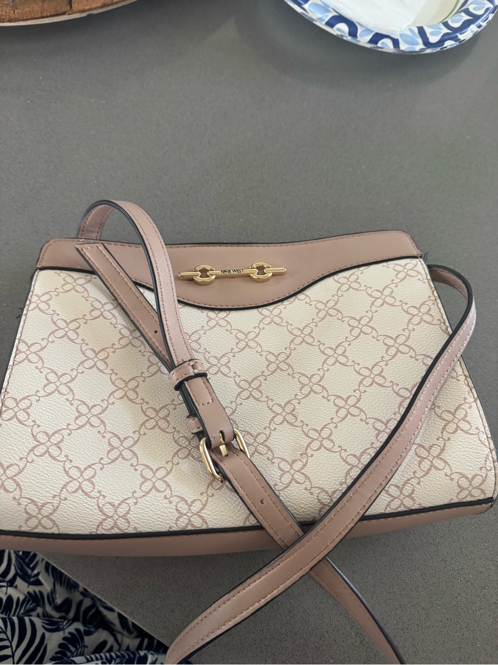 Nine West Cream and Blush Logo-Print Crossbody Bag